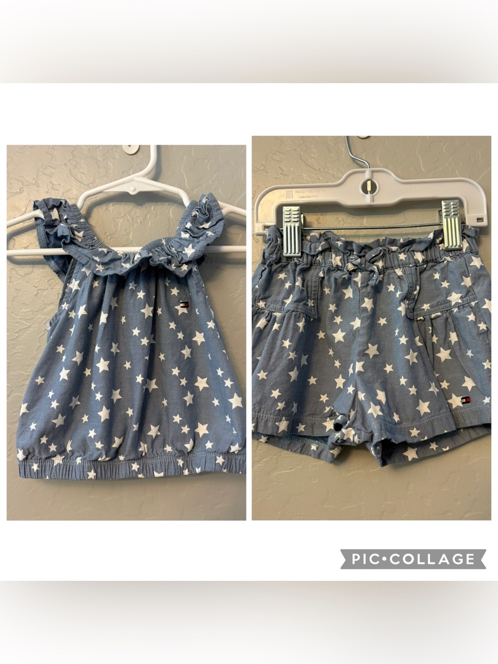 Tommy Hilfiger baby girls chambray with white stars ruffle top/short set 18 mon